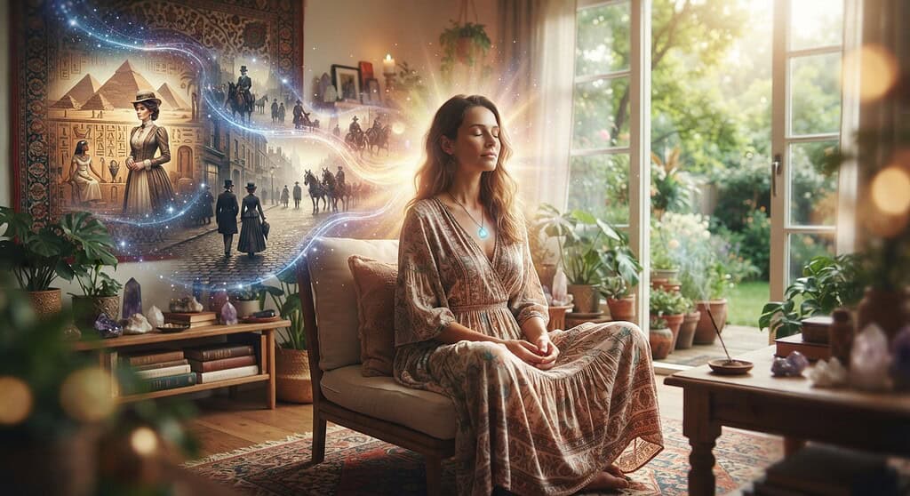 How Past Life Regression Can Open Us Up to the Present 2 Woman meditating with past life imagery in a cozy room.