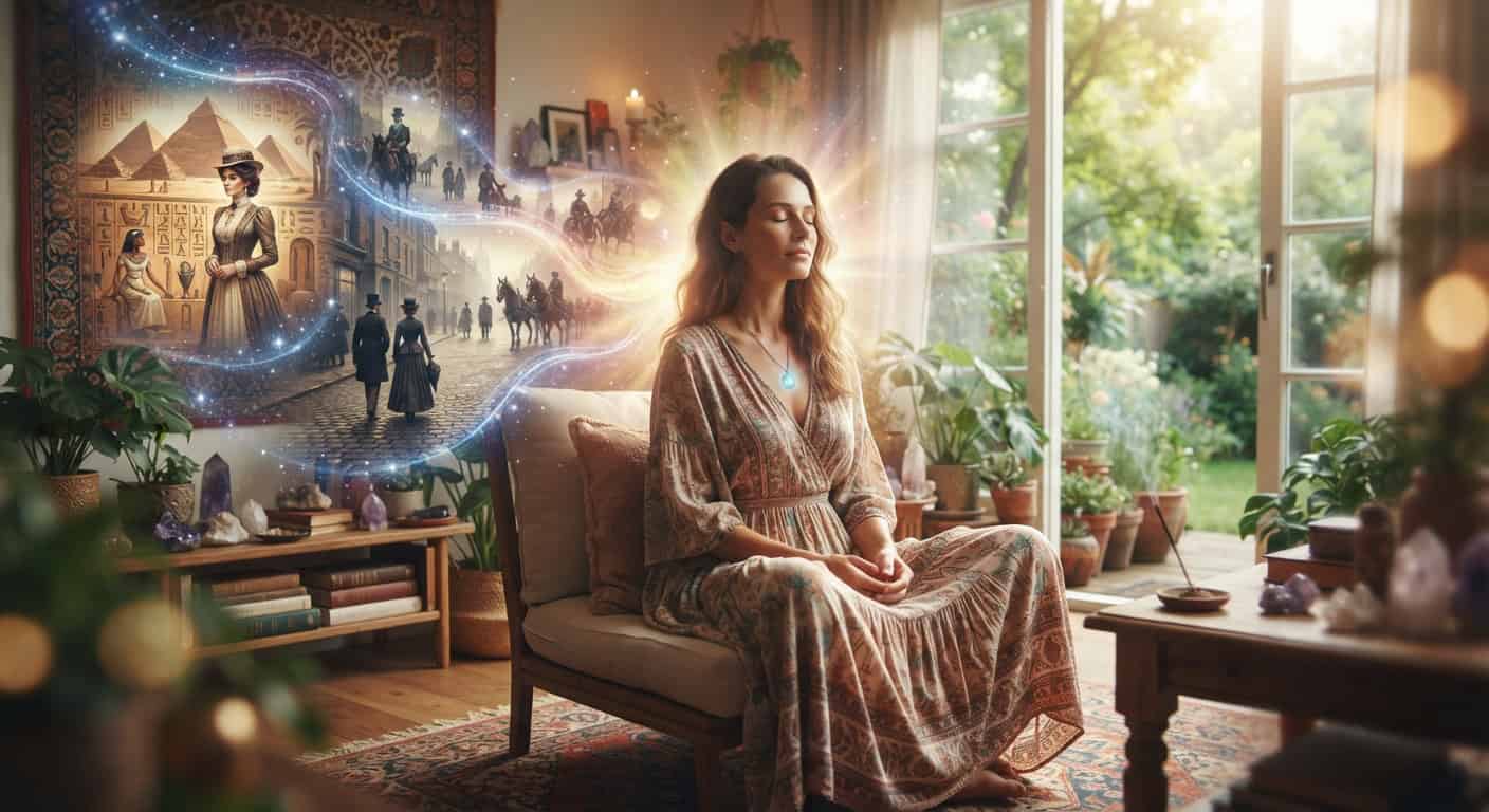 How Past Life Regression Can Open Us Up to the Present 1 Woman meditating with past life imagery in a cozy room.