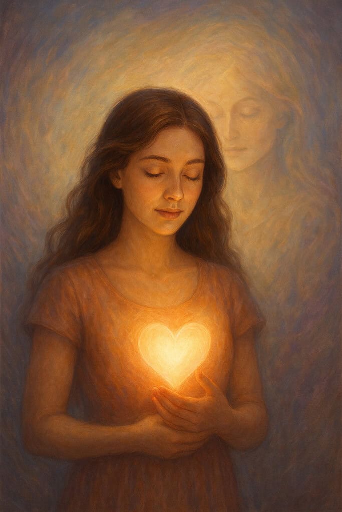 Can’t Seem to Find Love? 2 Soft artistic portrait of contemplative woman with closed eyes and bowed head, featuring glowing golden heart of light radiating from her chest, painted in warm golden and brown tones symbolizing self-love and inner healing