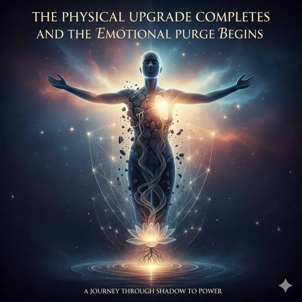 The Physical Upgrade Completes, and the Emotional Purge Begins 4 Spiritual transformation image showing glowing human silhouette with outstretched arms releasing fragments from their torso, rooted to luminous lotus flower below, set against cosmic starry background symbolizing emotional release and spiritual awakening