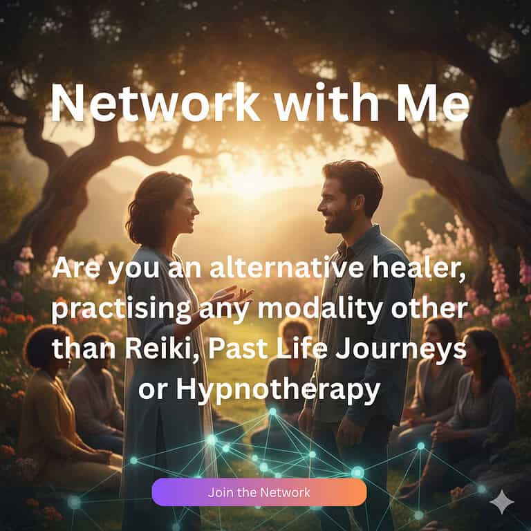 Two healers connecting in a warm garden setting with golden sunlight, overlaid with network connection graphics and text inviting alternative healers to join a professional healing network