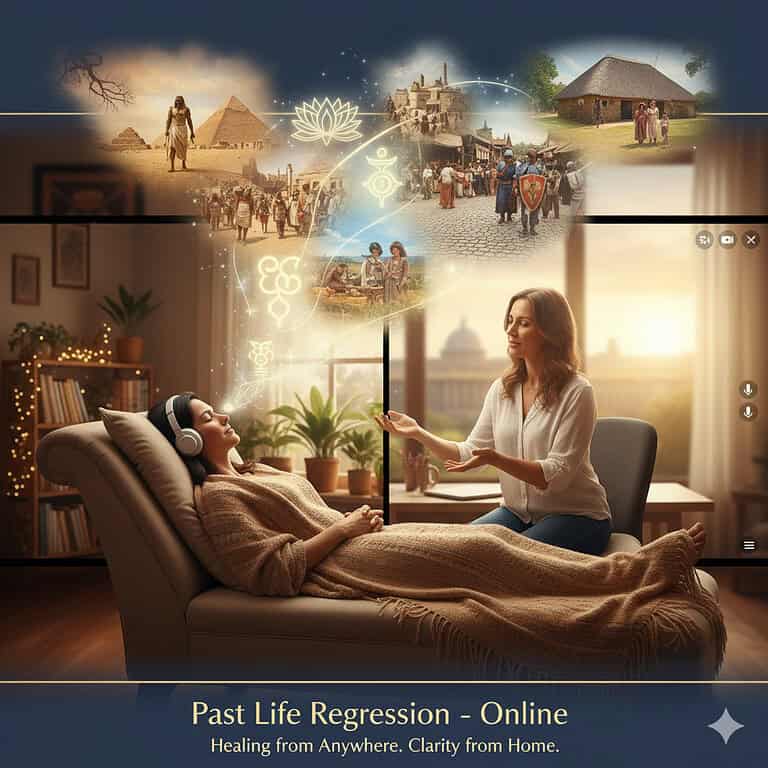 Peaceful hypnotherapy session showing a therapist guiding a client through past life regression, with mystical imagery of ancient civilizations, pyramids, and lotus flower floating above them in a warm, cozy therapy room