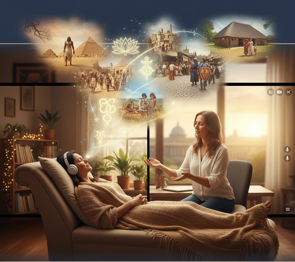 Peaceful hypnotherapy session showing a therapist guiding a client through past life regression, with mystical imagery of ancient civilizations, pyramids, and lotus flower floating above them in a warm, cozy therapy room