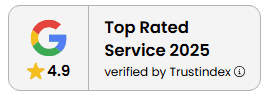 Google Top Rated Service 2025 badge featuring colorful G logo with 4.9 star rating and gold star icon, verified by Trustindex certification seal