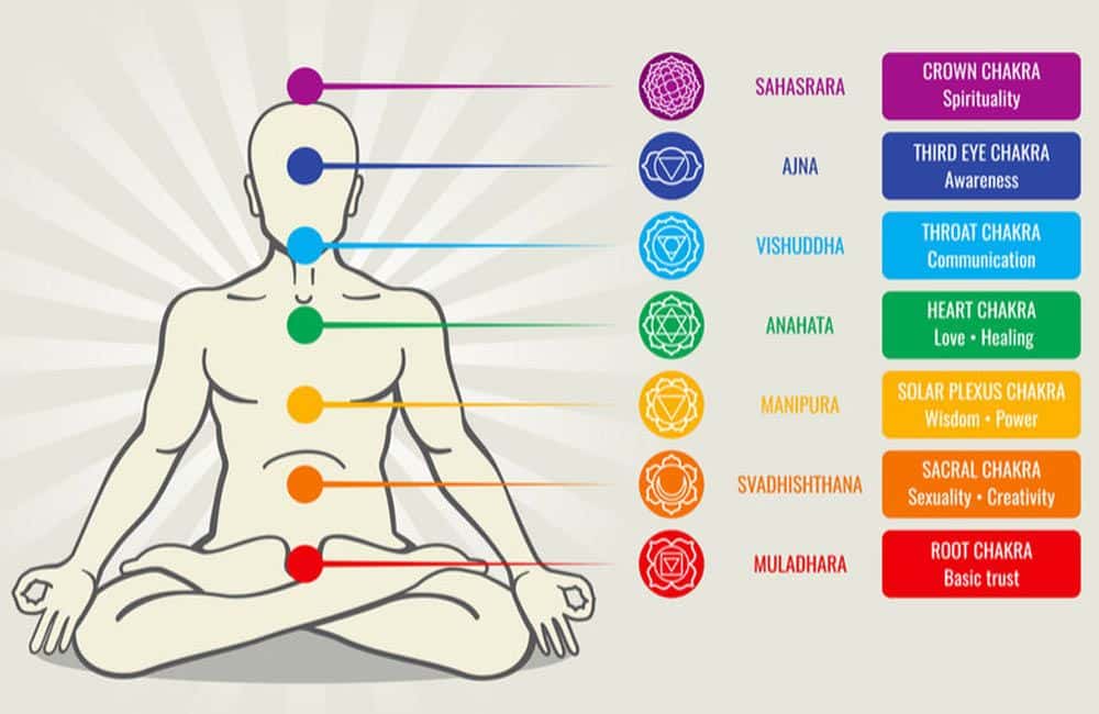Diagram of the seven chakras with labels and colors in en_ZA.